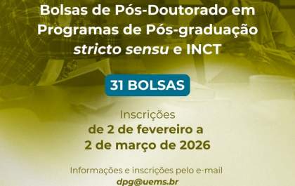 Pesquisadores podem concorrer a bolsas de R$ 5,2 mil na chamada de pós-doutorado da UEMS
