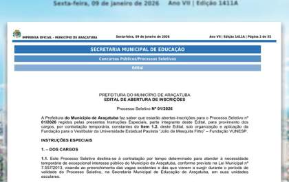 Prefeitura de Araçatuba abre processo seletivo para escolas municipais