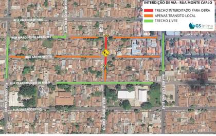 Rua Monte Carlo terá trecho interditado por 30 dias a partir desta segunda-feira