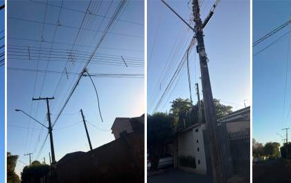 Fios cortados e cabos pendurados tomam conta de Andradina e deixam cidade com aspecto de abandono