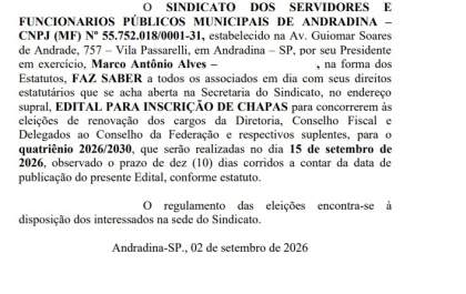 Sindicato dos Servidores Municipais de Andradina abre prazo para inscrição de chapas; eleição será em 15 de setembro