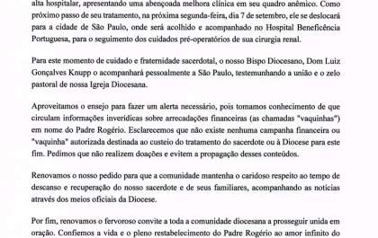 Diocese atualiza estado de saúde do padre Rogério