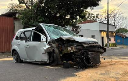 Mulher fica ferida ao bater carro em árvore na Fundadores