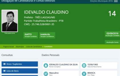 No site do TSE, candidaturas de Idevaldo Claudino e Kelly Anne constam como indeferidas
