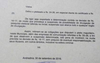 Juiz eleitoral suspende divulgação de pesquisas em Andradina