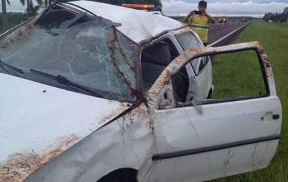 Mulher fica ferida após capotar carro na Rondon