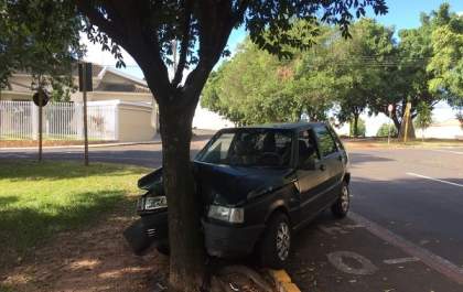 Mulher perde o controle da direção e atinge árvore na Praça Rotary