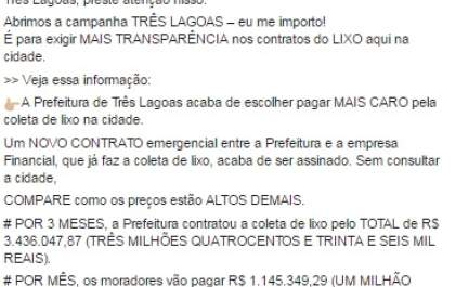 Prefeitura de Três Lagoas esclarece publicação em Facebook de empresa que a acusa de ter 'beneficiado' vencedora