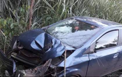 Motorista dorme na direção, carro cai em ribanceira e bate em coqueiro