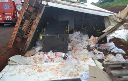 Caminhão carregado com coxinhas tomba e vai parar em valeta na MS-156