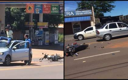 Motociclista para em cima de teto de carro após acidente com moto em Andradina