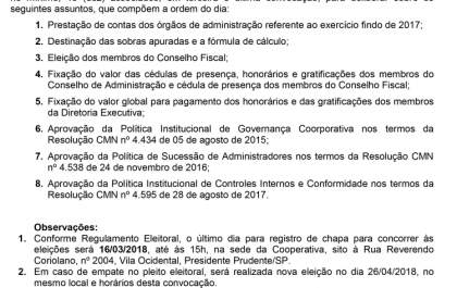 EDITAL DE CONVOCAÇÃO DE ASSEMBLEIA GERAL ORDINÁRIA - SICOOB CREDIVALE