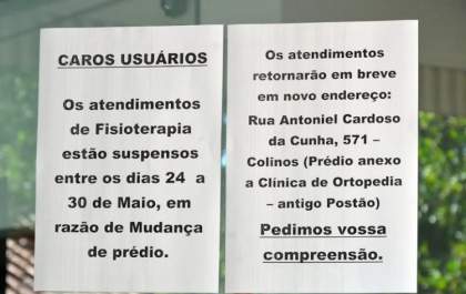 Clínica de Reabilitação Física suspende atendimento para mudança de prédio