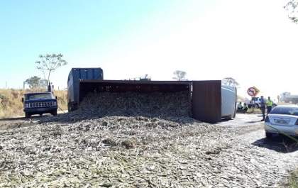 Caminhão bitrem carregado com 40 toneladas de cana-de-açúcar tomba em alça de trevo da SP-294