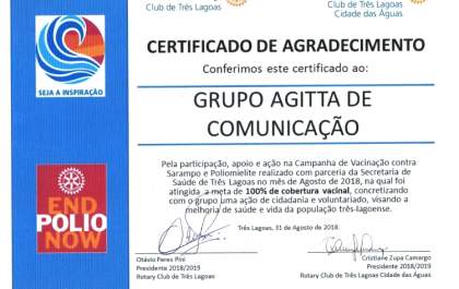Agitta recebe Certificado de Agradecimento pela colaboração na Campanha de Vacinação