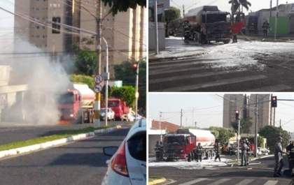 Caminhão tanque pega fogo em avenida de Fernandópolis