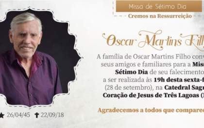 Família do fotógrafo Oscar Martins Filho convida população para Missa de Sétimo Dia